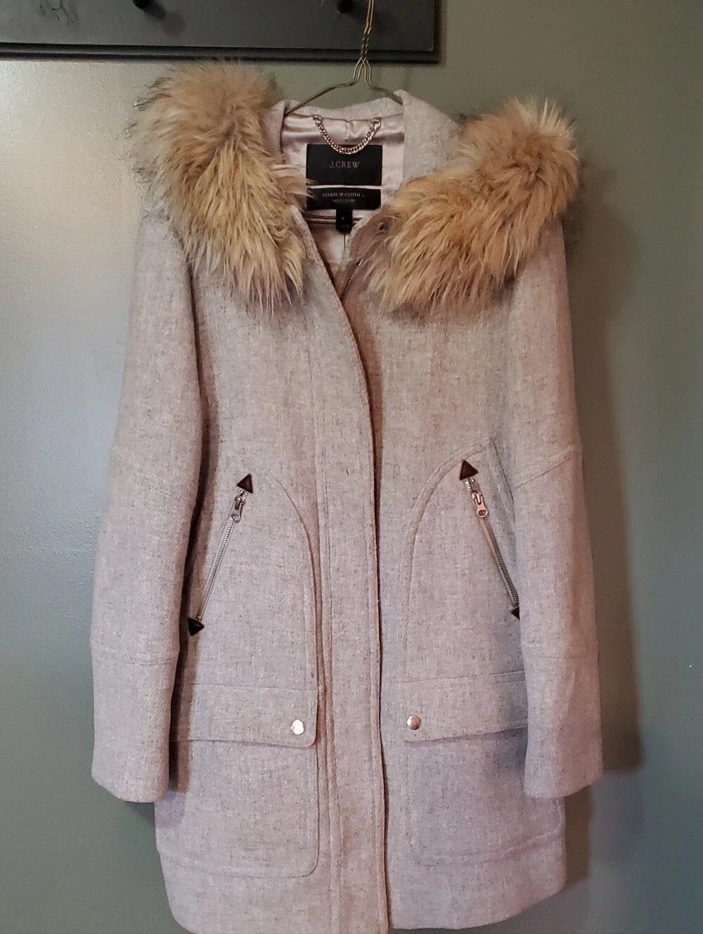 J. Crew Light Gray Wool-Blend Trench Coat with Faux Fur Hood